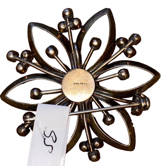 Vintage Rhinestone Flower Brooch Pin Sterling Silver 925 About 2 Inches - Picture 3 of 4